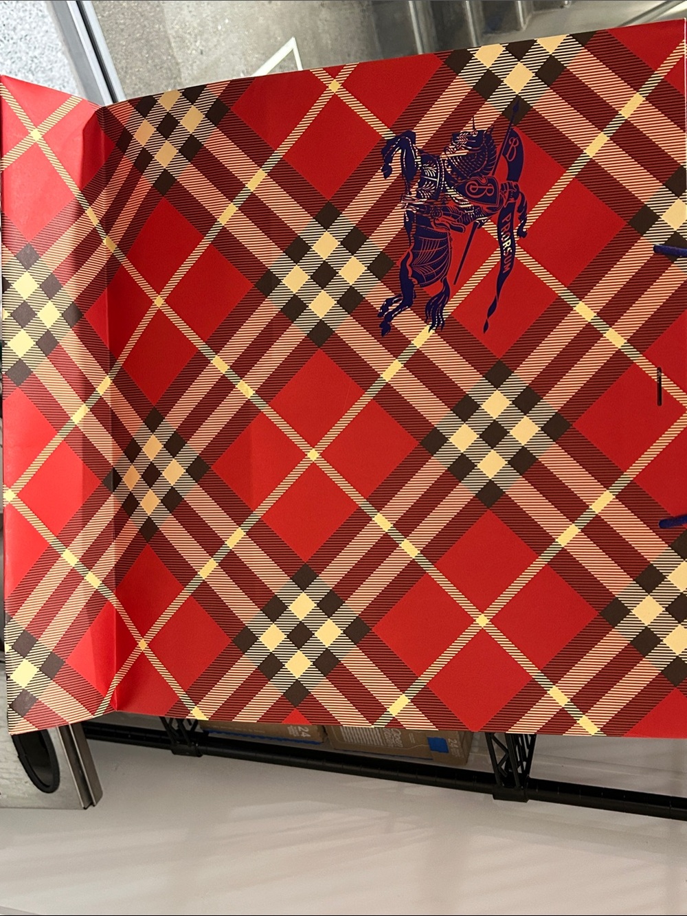 Burberry Red and Cream Tartan Gift Bag with Navy Equestrian Emblem